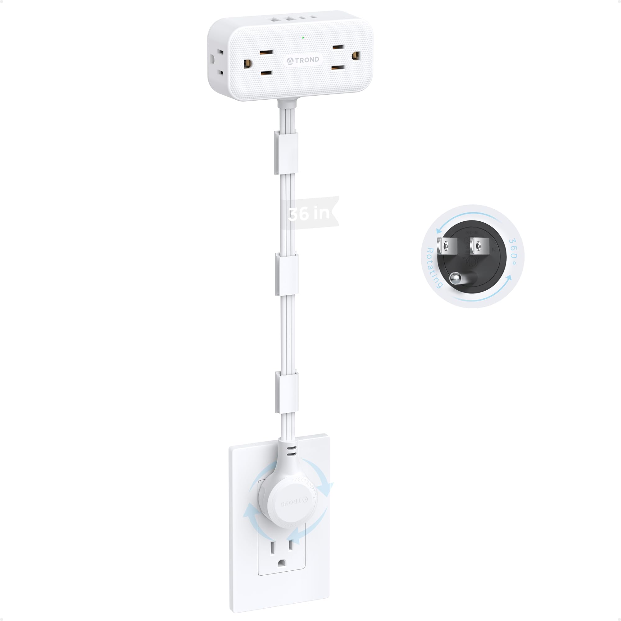TROND 360° Rotating Plug Outlet Extender 36 in - Flexible Extension Cord, 4 AC 4 USB Multi Plug Wall Outlet Splitter Sur