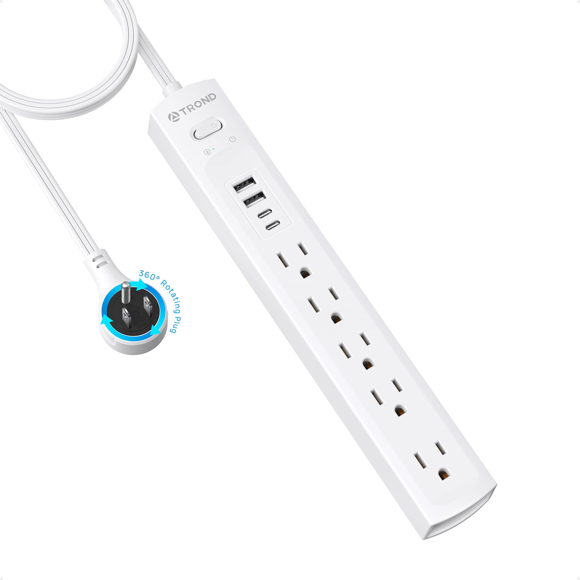 TROND Surge Protector Power Strip for Home Office and Dorm, 5 Outlets with 2 USB C and 2 USB A, 360° Rotating Plug, 1440