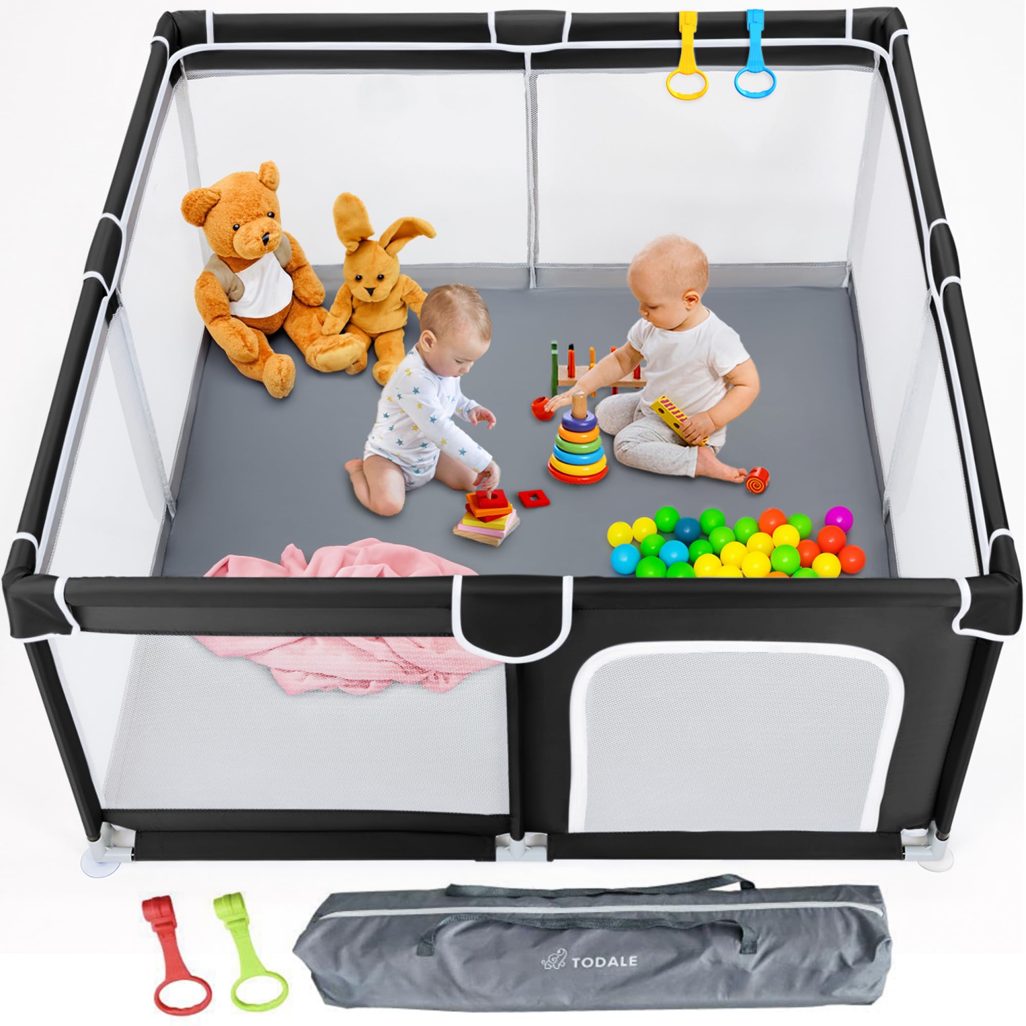 TODALE Anti-Slip Base Toddler Playpen, Sturdy Safety for Babies, Large Indoor & Outdoor Activity Center(Black,50”×50”)